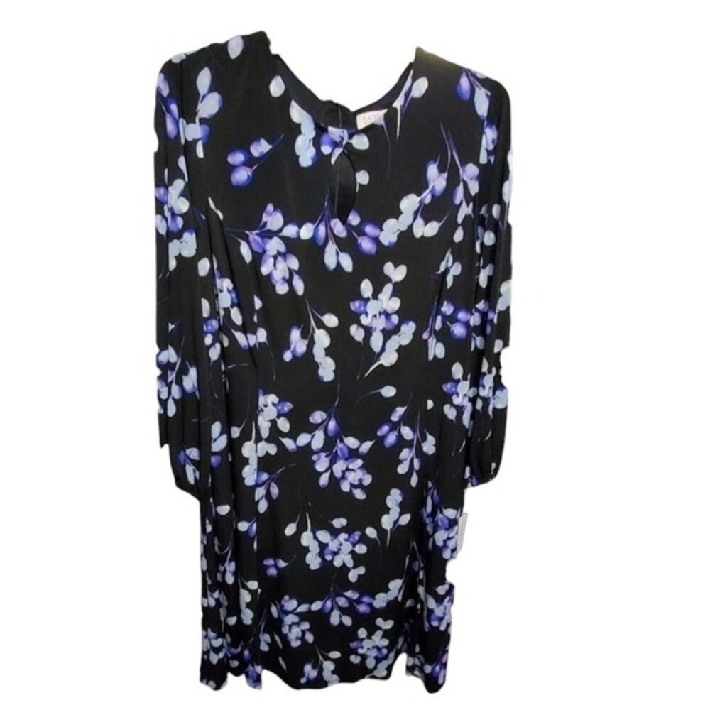 Sabrina Blue & Black Floral Long Sleeve Midi Dress Lightweight plus Size 3X new